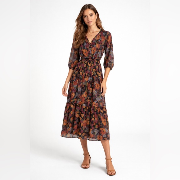 Anthropologie Dresses & Skirts - Fig & Flower Anthropologie Floral Midi Dress Black Sheer 3/4 Sleeve Women’s Med‎